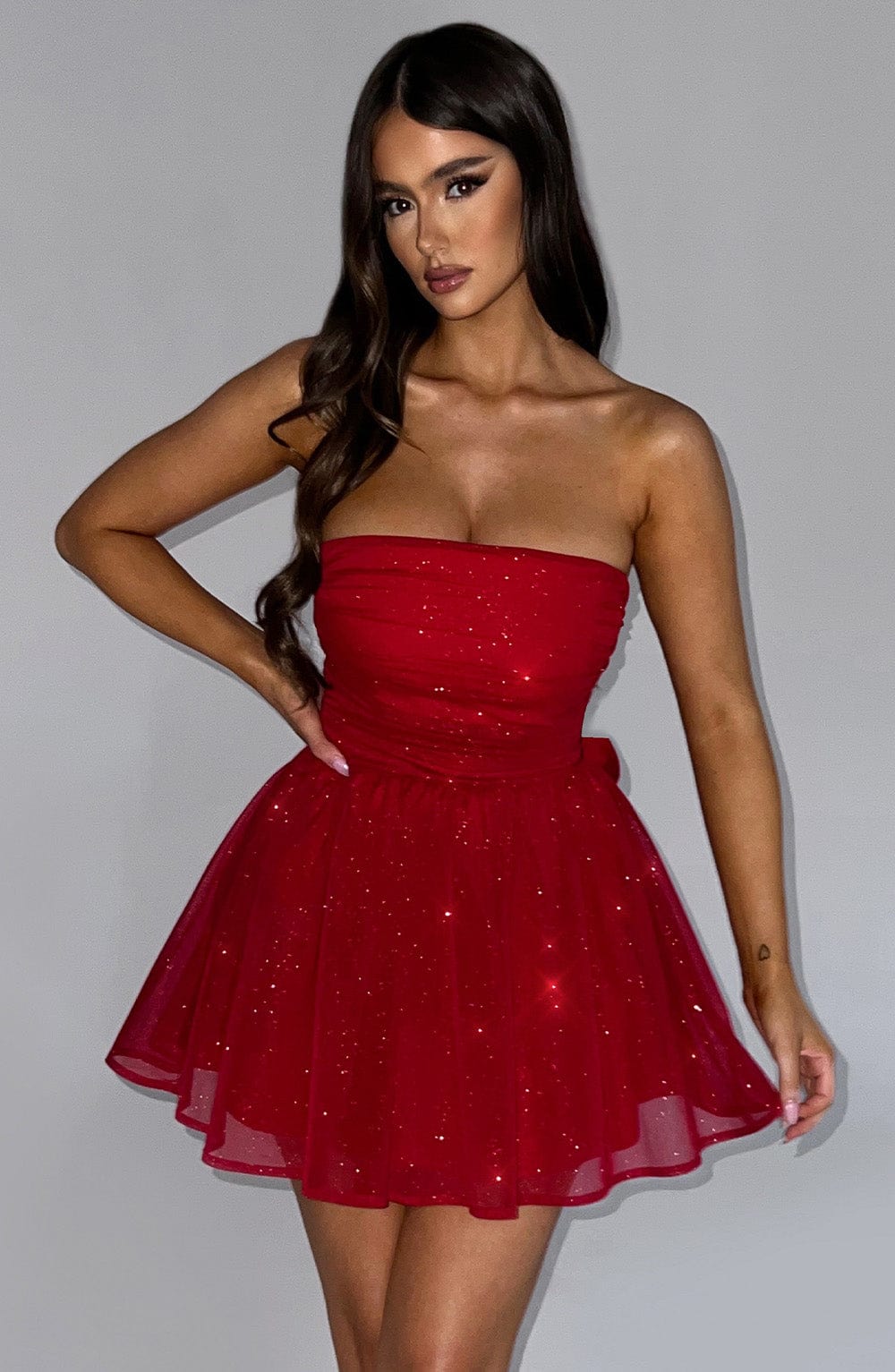Glitter Tulle Strapless Back Bow Fit and Flare Mini Dress