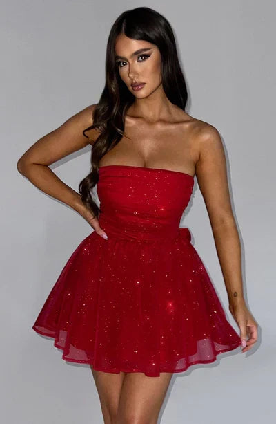 Strapless Glitter Tulle Fit and Flare Mini Dress Party
