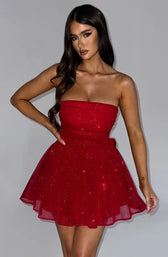 Strapless Glitter Tulle Fit and Flare Mini Dress Party