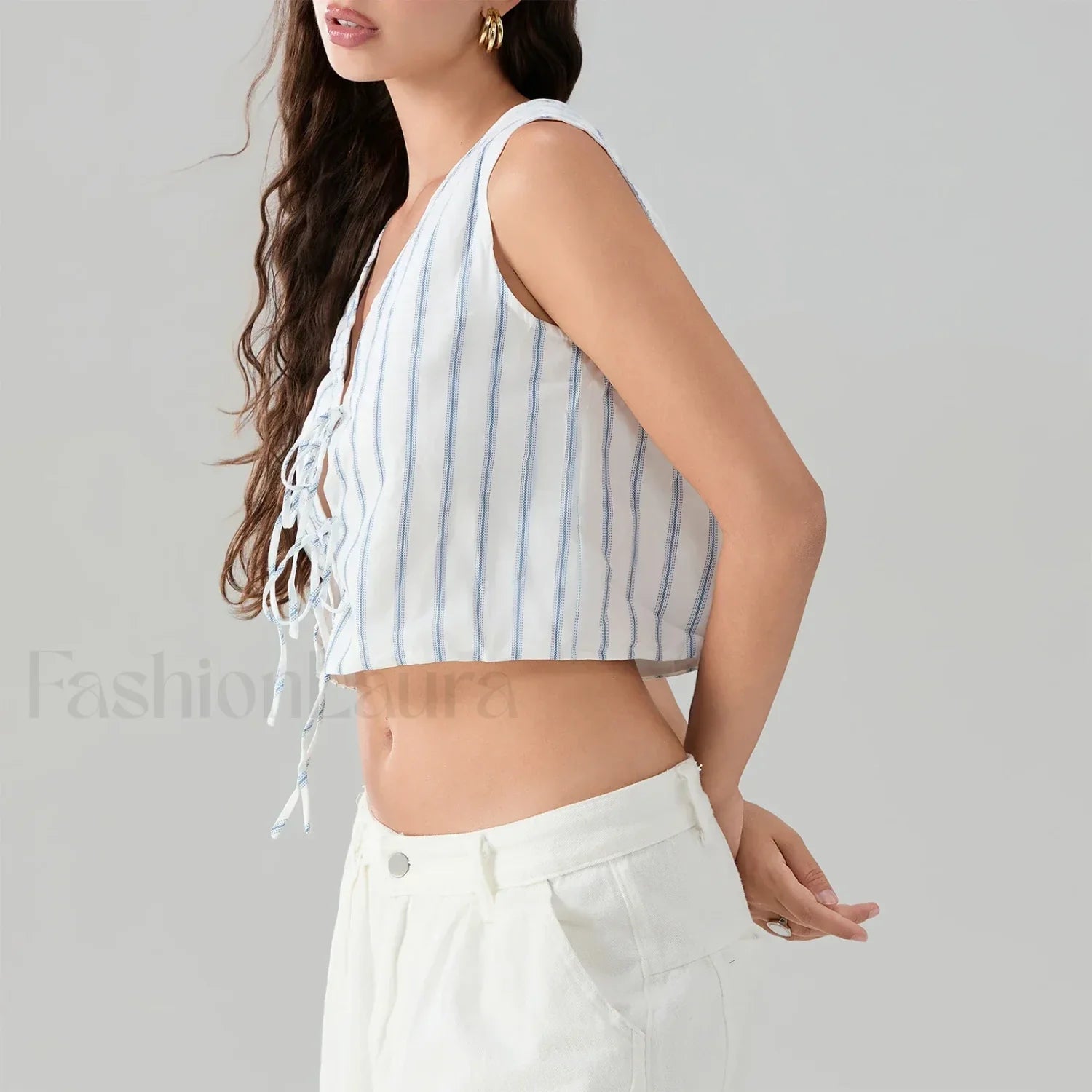 Kawaii Tie Knot Front Striped V-Neck Sleeveless Bandage Crop Top