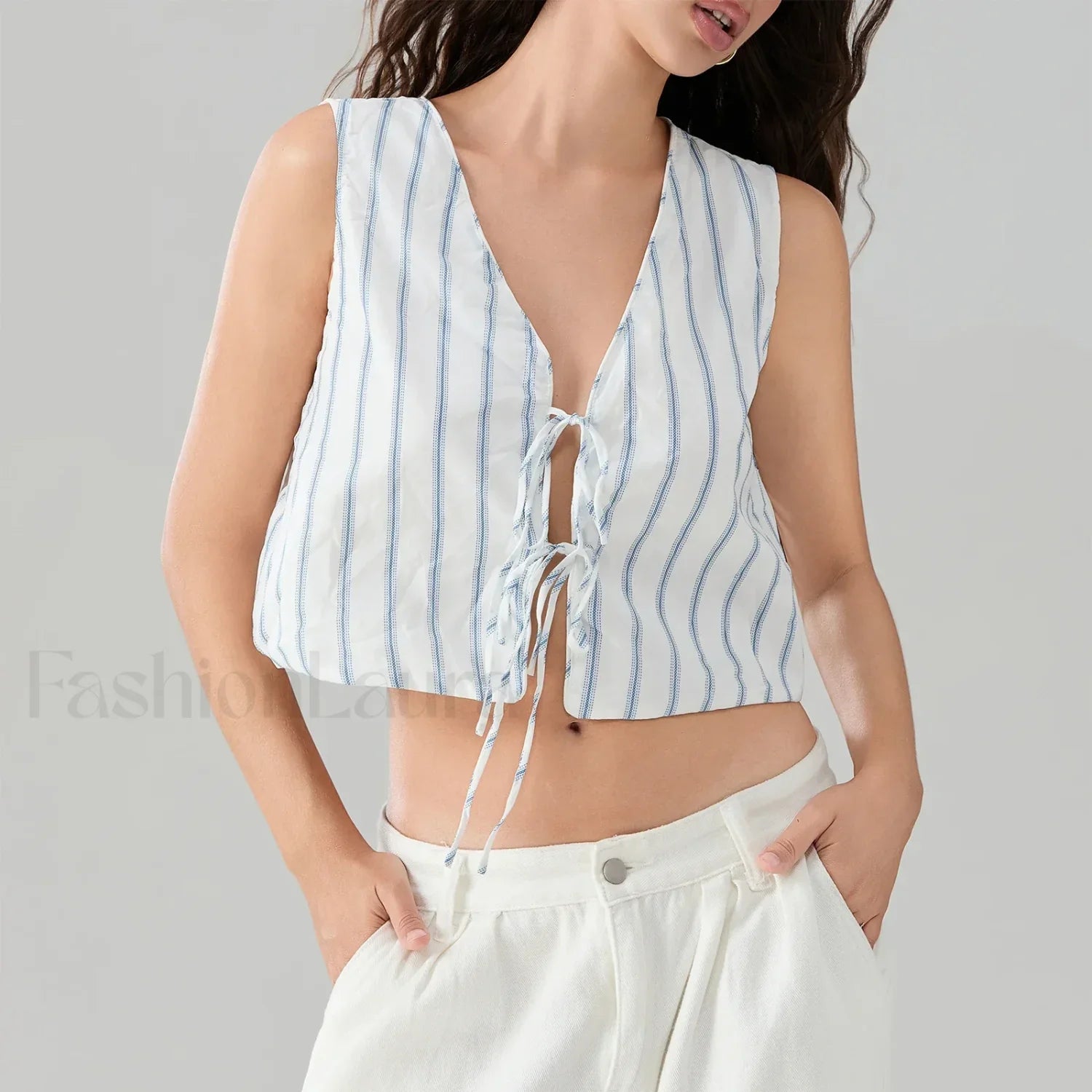 Kawaii Tie Knot Front Striped V-Neck Sleeveless Bandage Crop Top