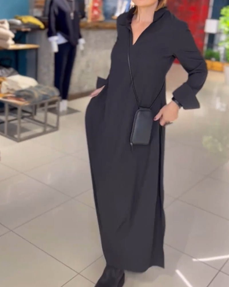 Stand Collar Deep V-Neck Long Sleeve Pocket Side Slit Relaxed Maxi Dress