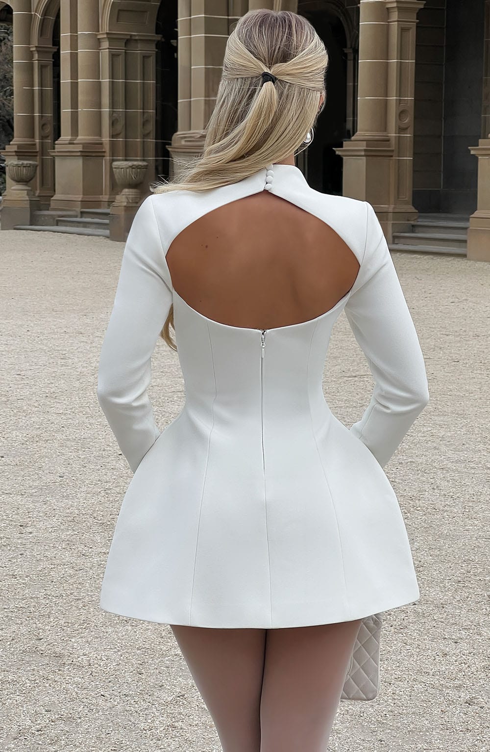 Mock Neck Long Sleeve Seamed Waist Structured Flared Mini Dress 2