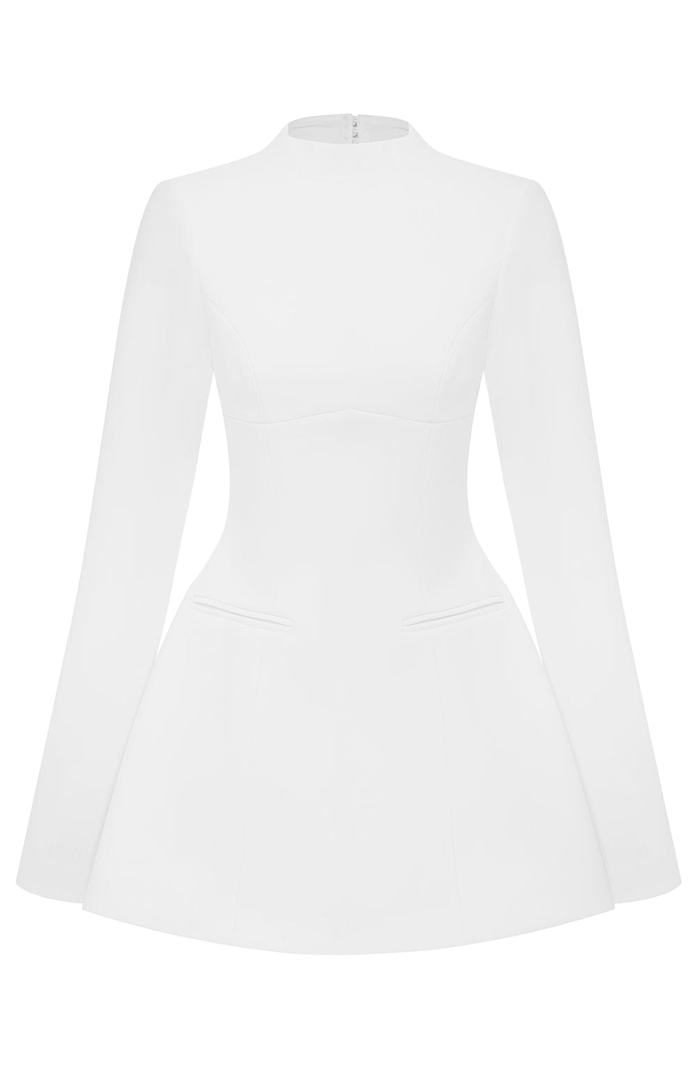 Mock Neck Long Sleeve Seamed Waist Structured Flared Mini Dress 7