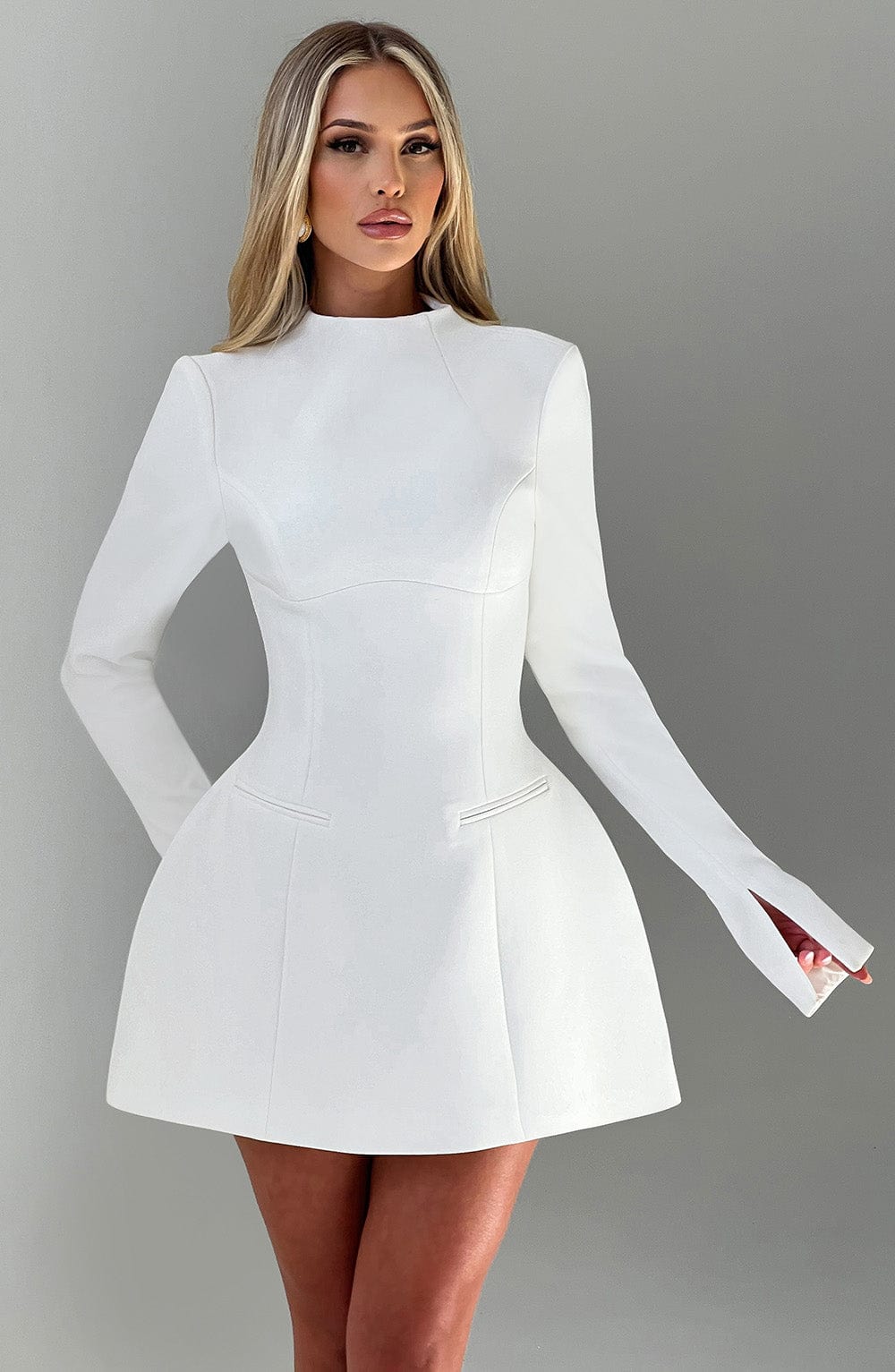 Mock Neck Long Sleeve Seamed Waist Structured Flared Mini Dress 18