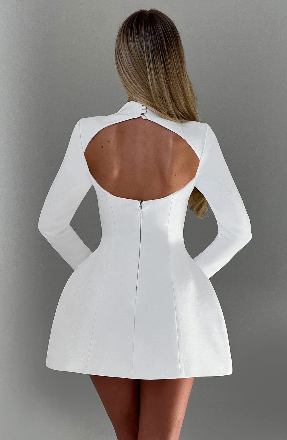 Mock Neck Long Sleeve Seamed Waist Structured Flared Mini Dress 5