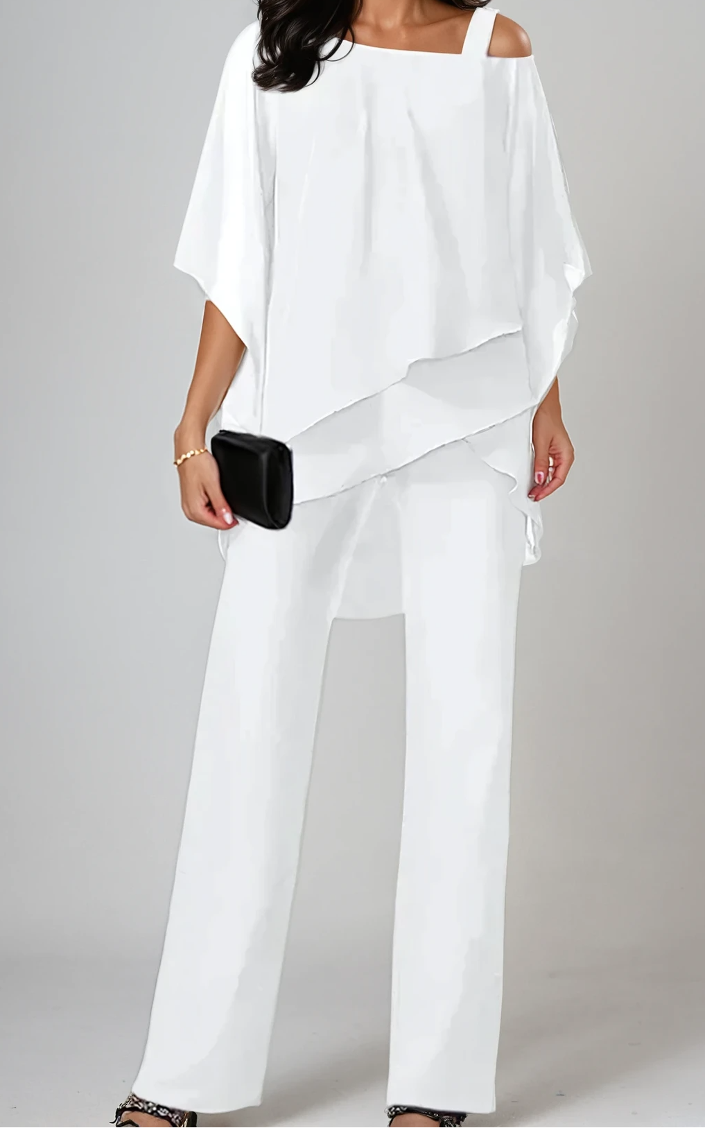 Asymmetric Overlay One Shoulder Top and Wide Leg Pants Two Piece Set