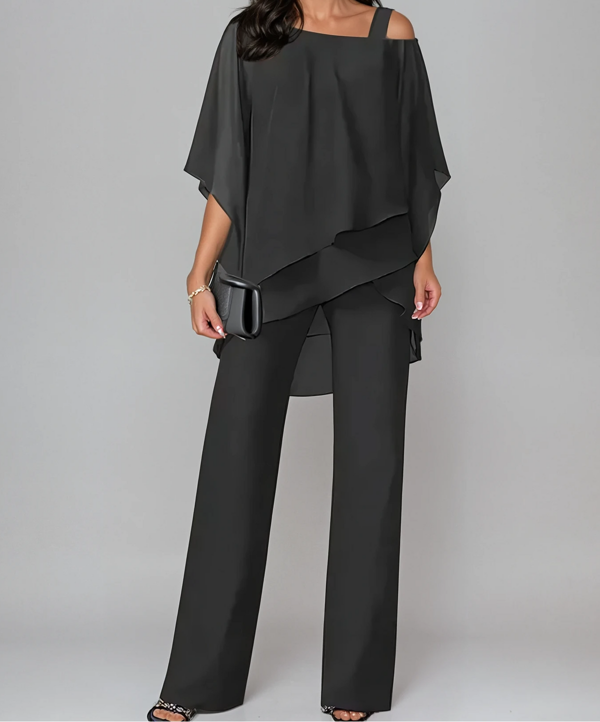 Asymmetric Overlay One Shoulder Top and Wide Leg Pants Two Piece Set