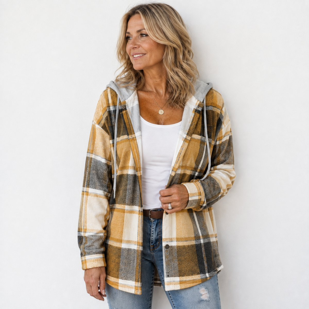 Plaid Hooded Button Front Long Sleeve Jacket