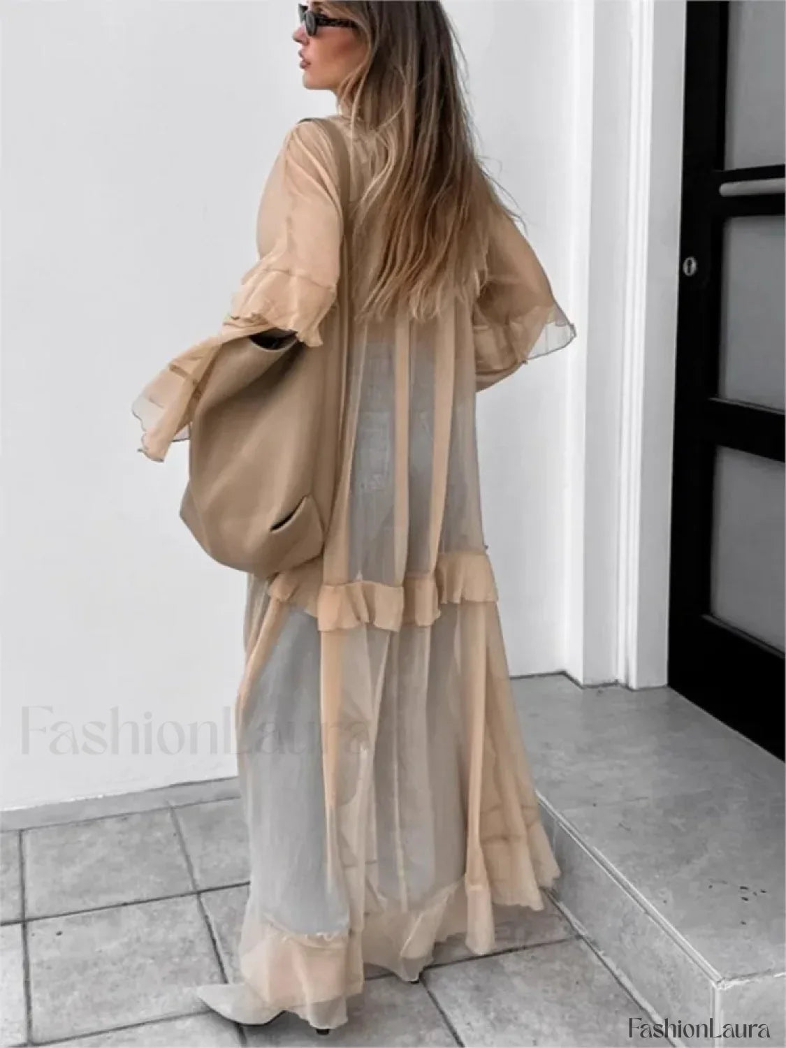 Khaki Batwing Ruffle Boho Dress