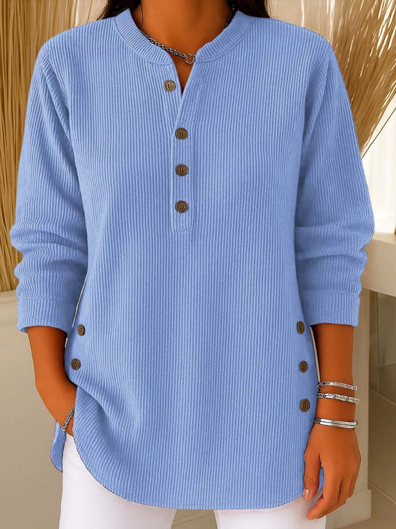 Waffle Knit Button Placket Long Sleeve Tunic Top
