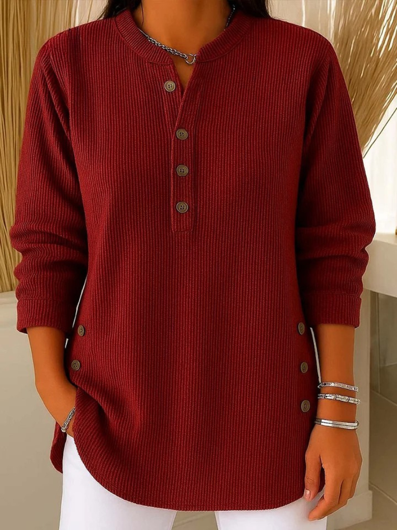 Waffle Knit Button Placket Long Sleeve Tunic Top
