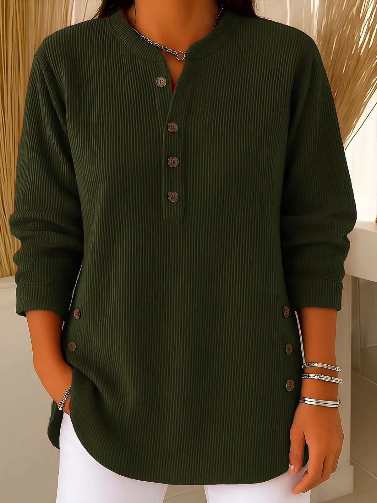 Waffle Knit Button Placket Long Sleeve Tunic Top