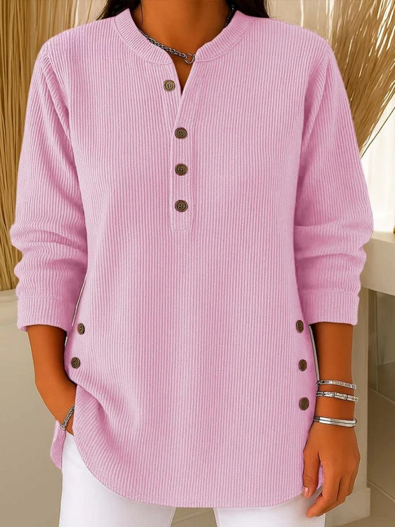 Waffle Knit Button Placket Long Sleeve Tunic Top