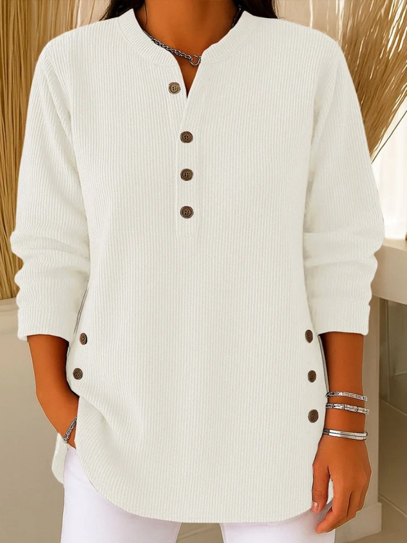 Waffle Knit Button Placket Long Sleeve Tunic Top