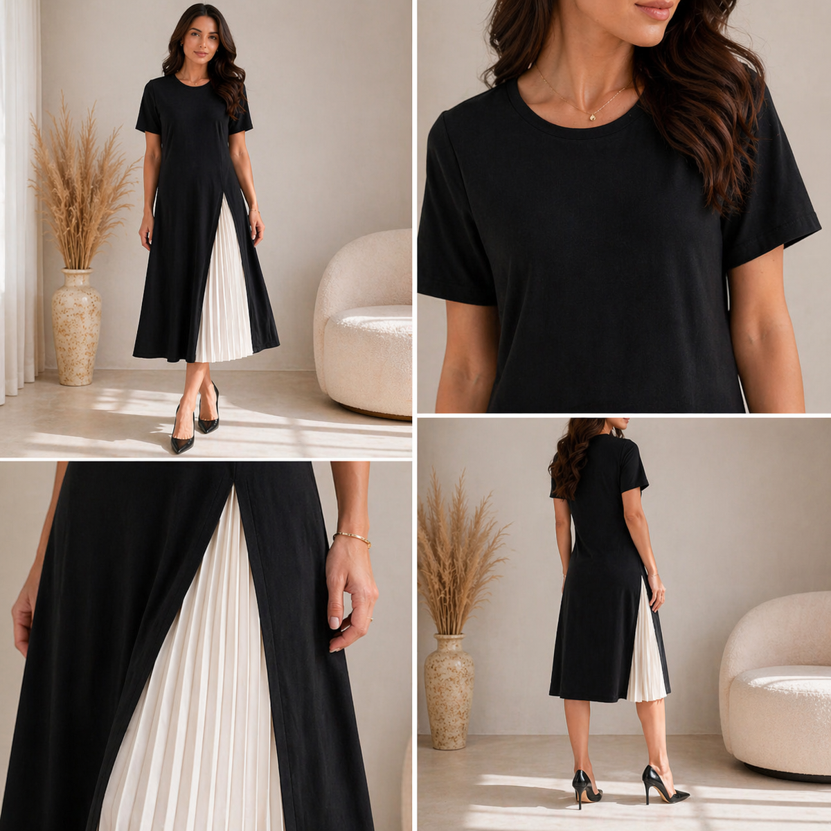 Crew Neck Short Sleeve Pleated Panel High Split Midi Dress