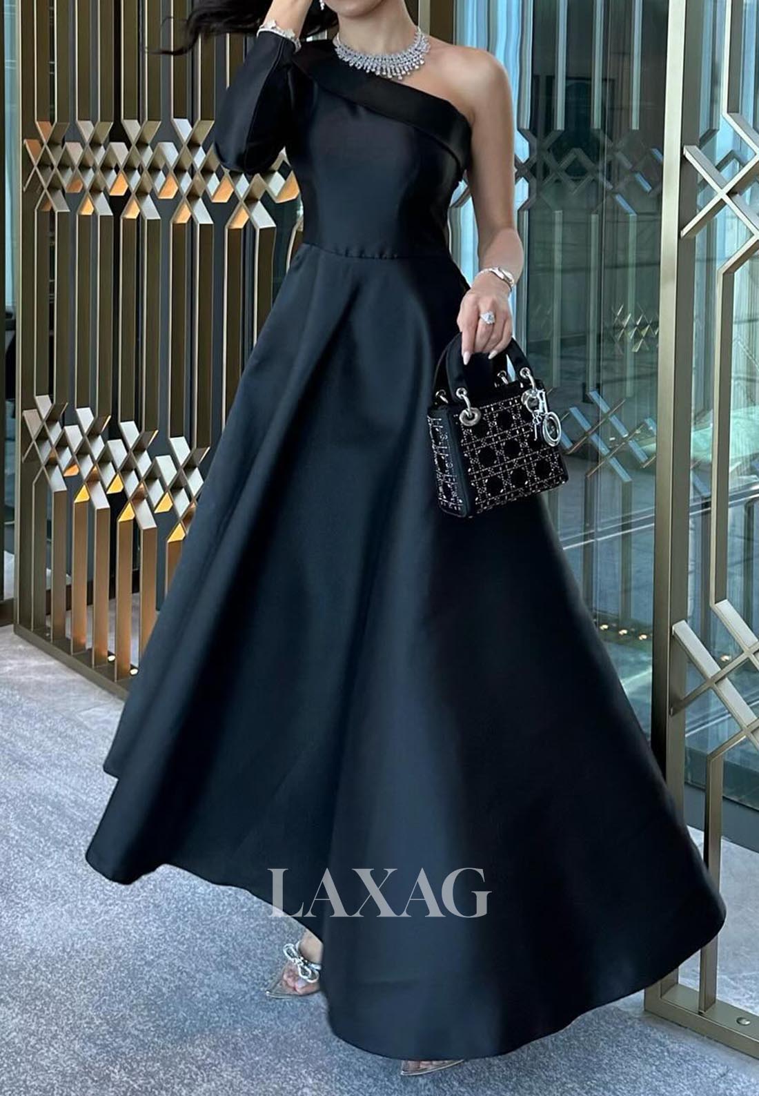 Asymmetrical-Neck One-Long-Sleeves A-Line Evening Dress Off-Shoulder Pleated Satin Formal Gowns