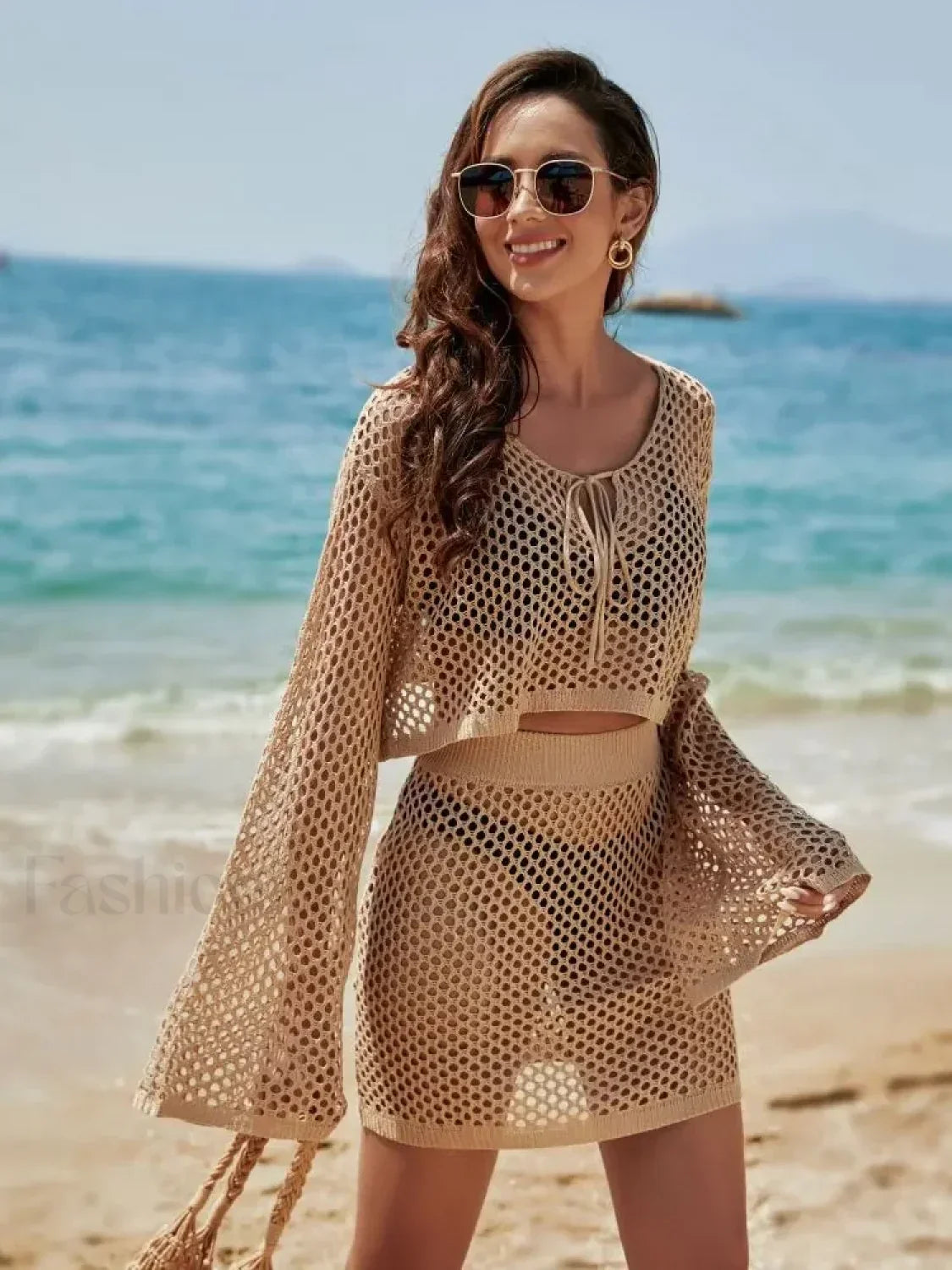 Knit Cover-up Bell Sleeve Loose Top Skirt Set Cover Up