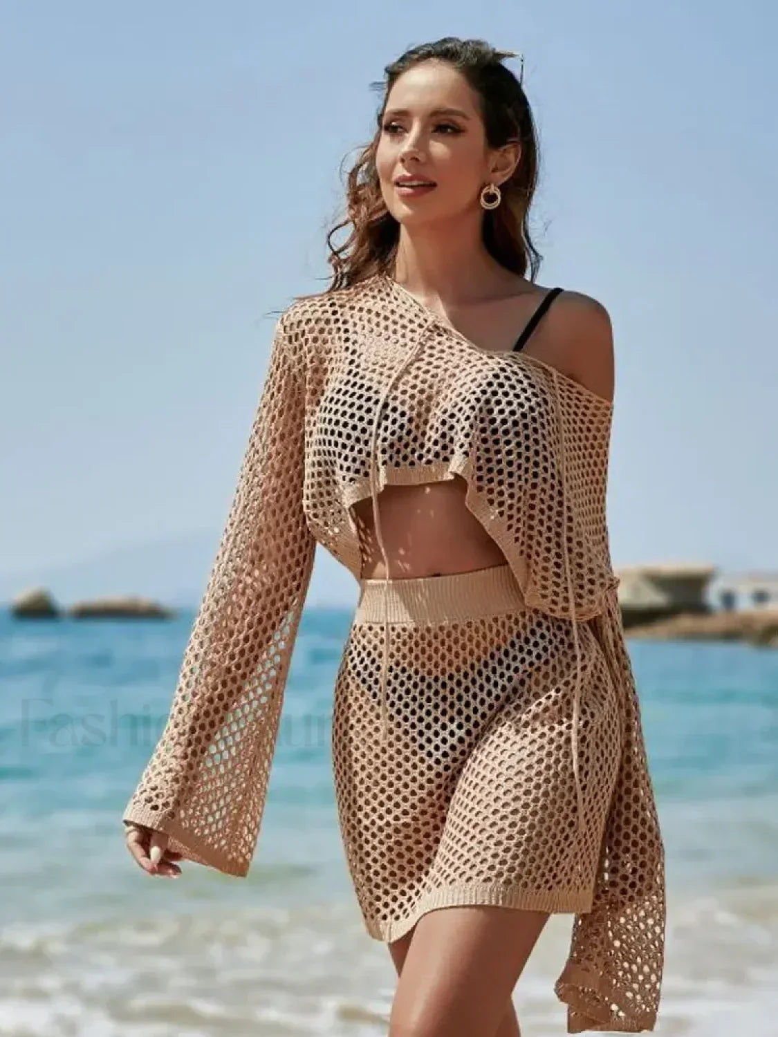 Knit Cover-up Bell Sleeve Loose Top Skirt Set Cover Up