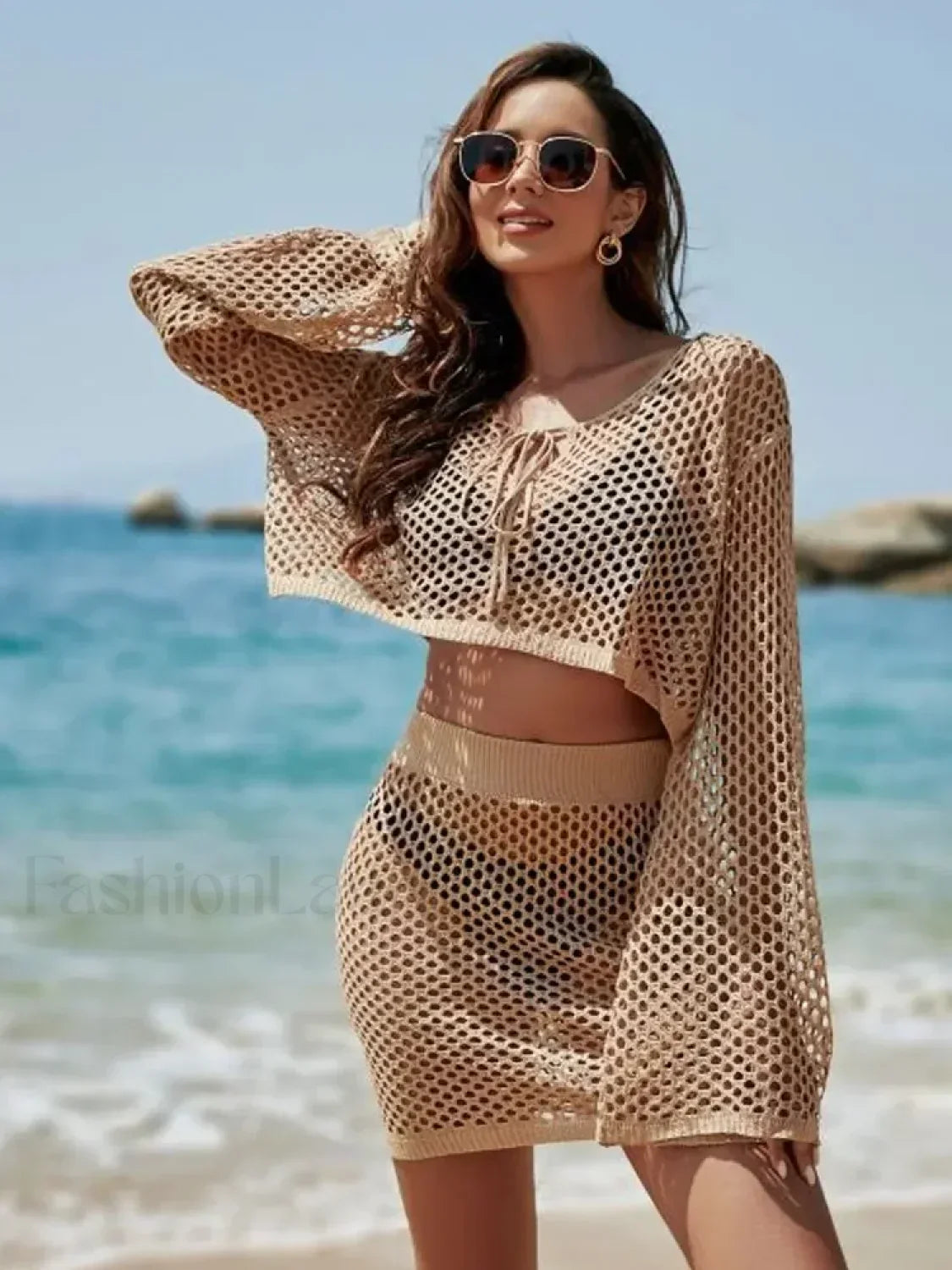 Knit Cover-up Bell Sleeve Loose Top Skirt Set Cover Up