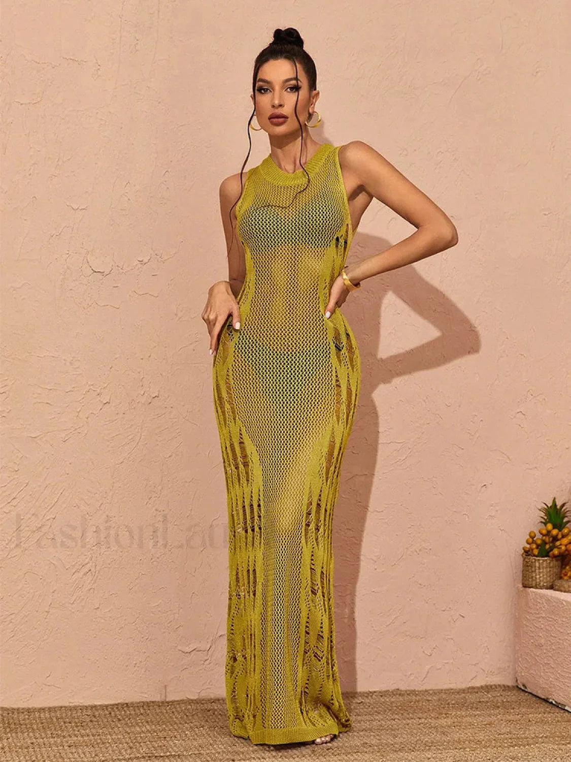 Knit Cut Out Round Neck Sleeveless Slim Cover Up Green / S