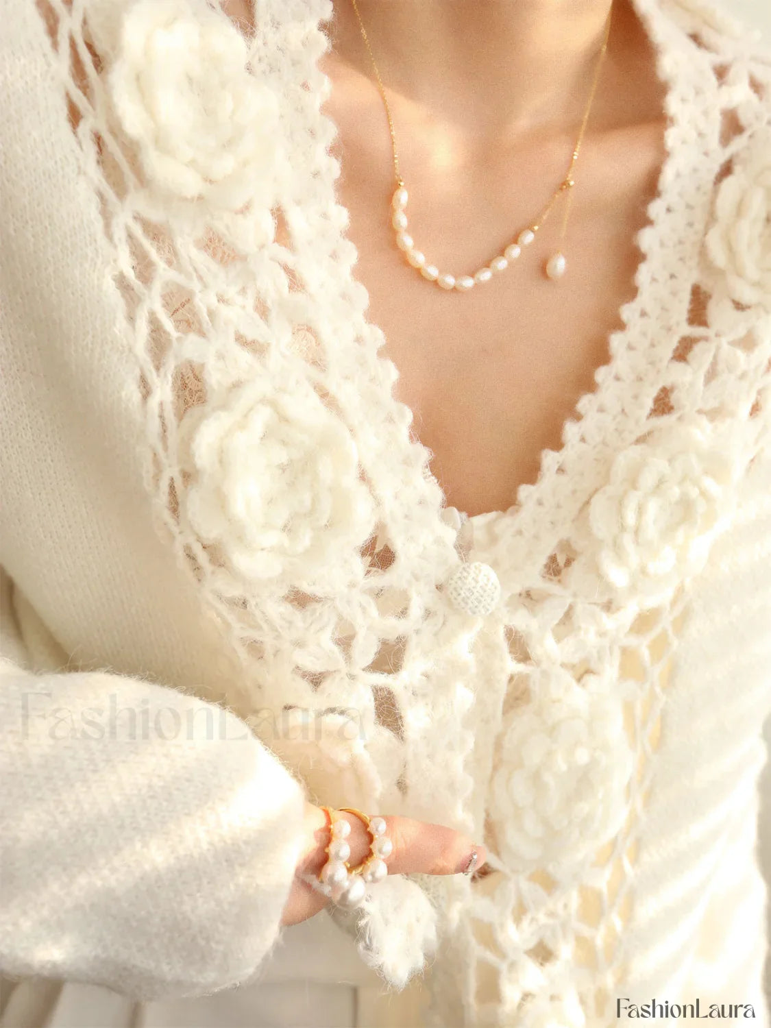 Knit Floral Crocheted Trendy Hollow V-neck Cardigan
