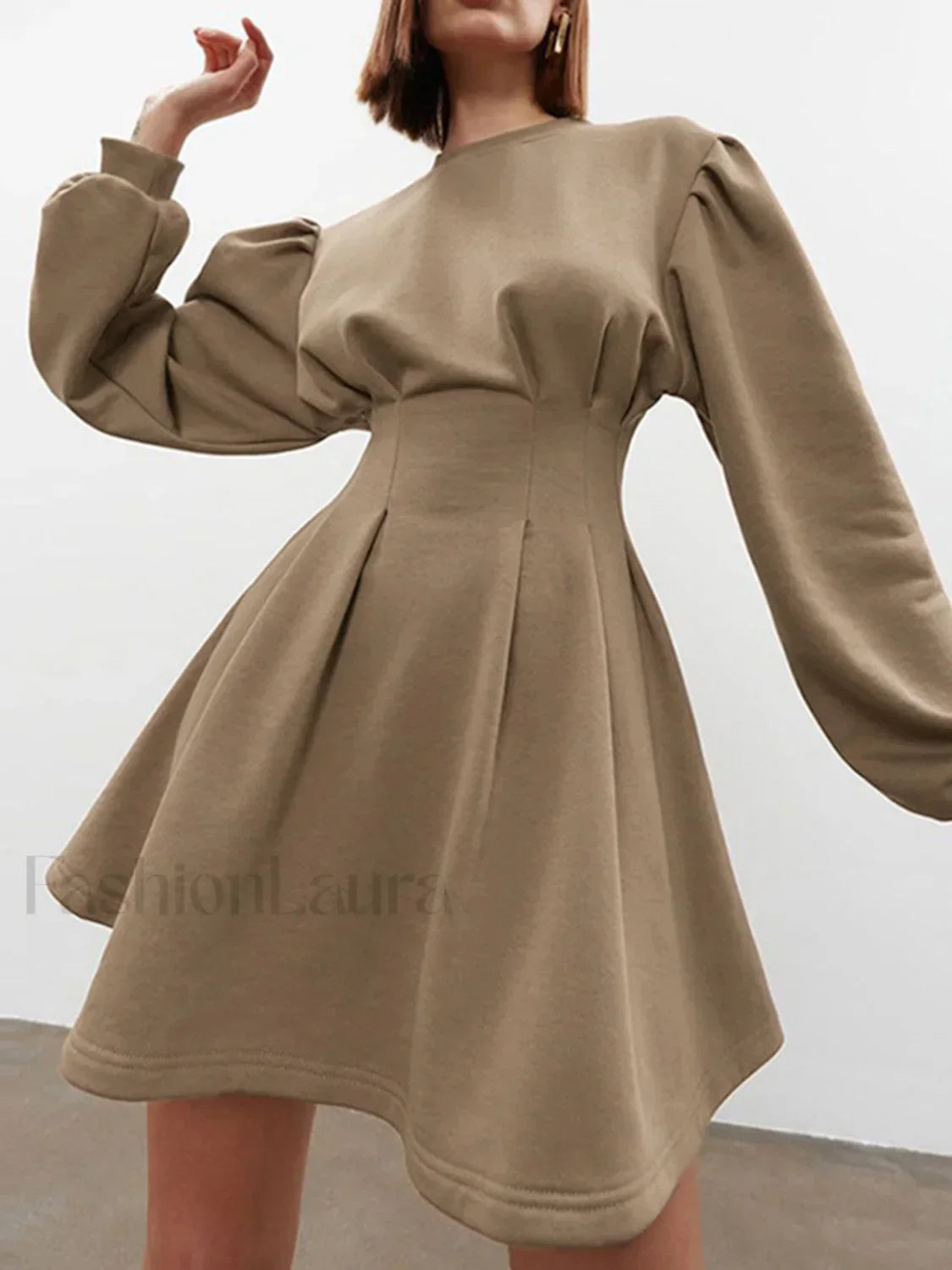 Knit Pleated Long Sleeve Modern Crew Neck Mini Dress Camel / XS Knit Dresses