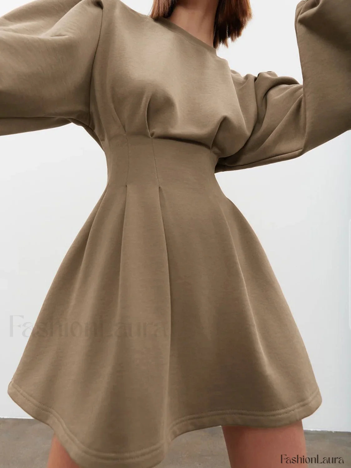 Knit Pleated Long Sleeve Modern Crew Neck Mini Dress