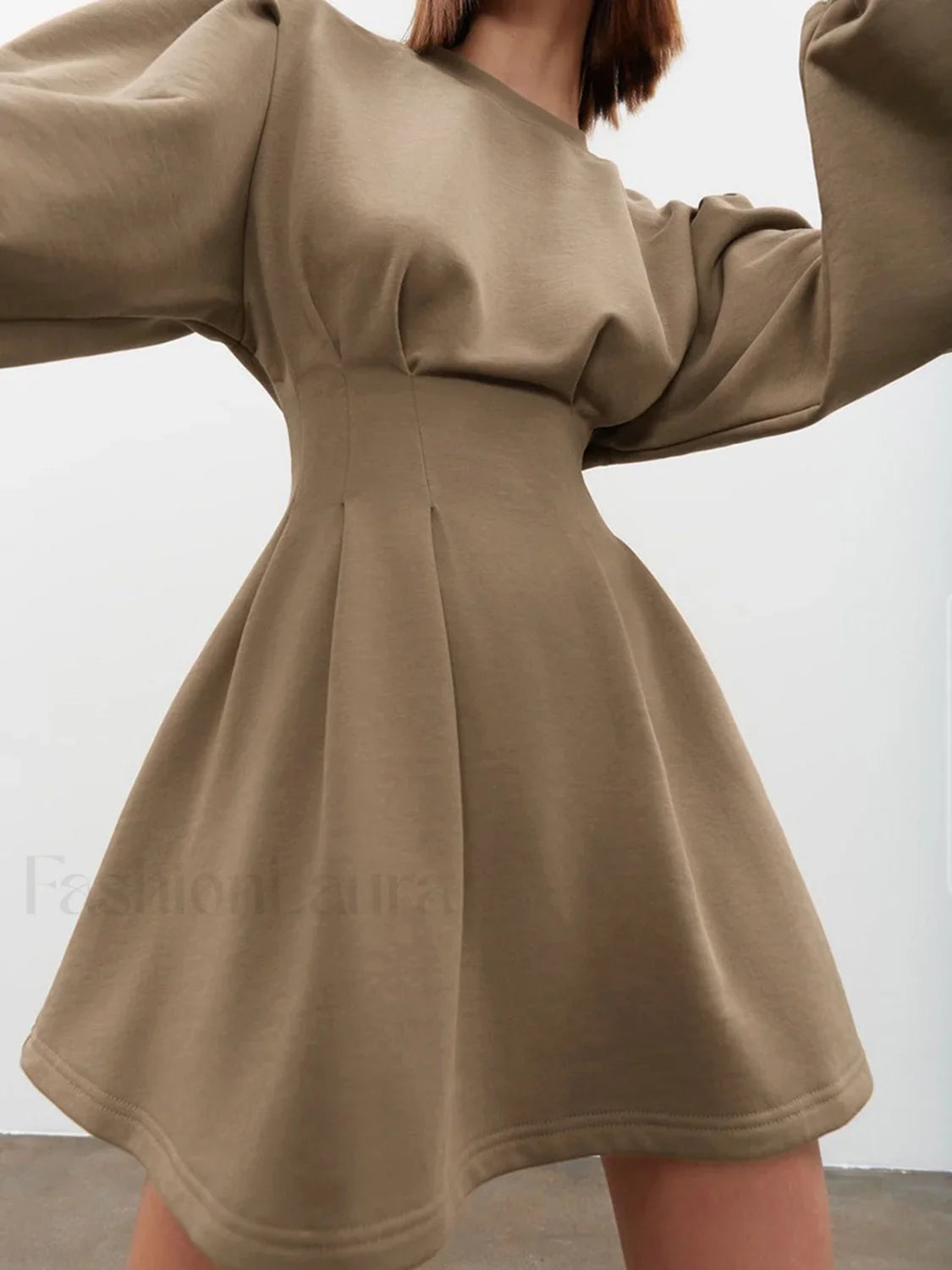 Knit Pleated Long Sleeve Modern Crew Neck Mini Dress