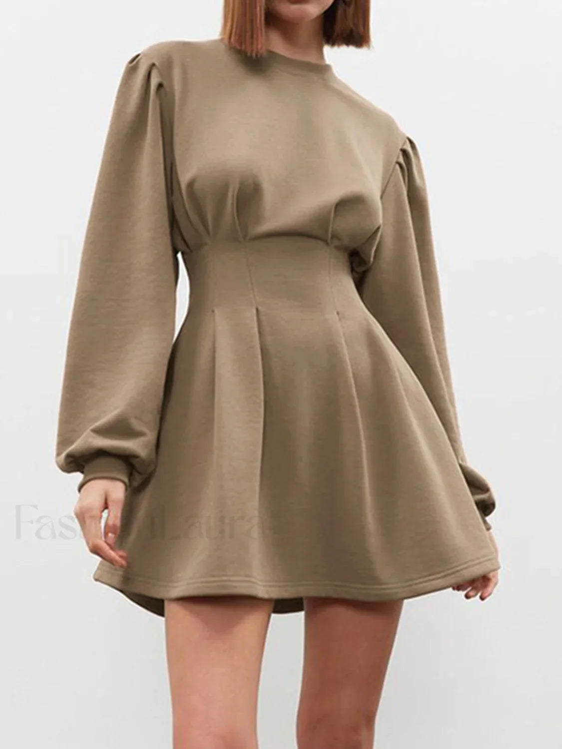 Knit Pleated Long Sleeve Modern Crew Neck Mini Dress