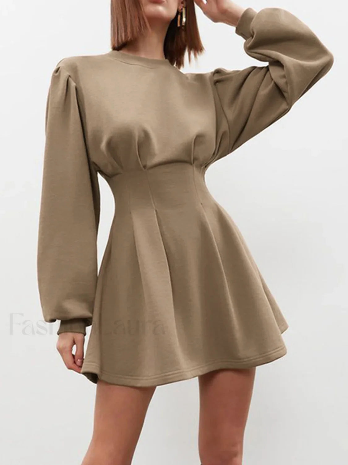 Knit Pleated Long Sleeve Modern Crew Neck Mini Dress