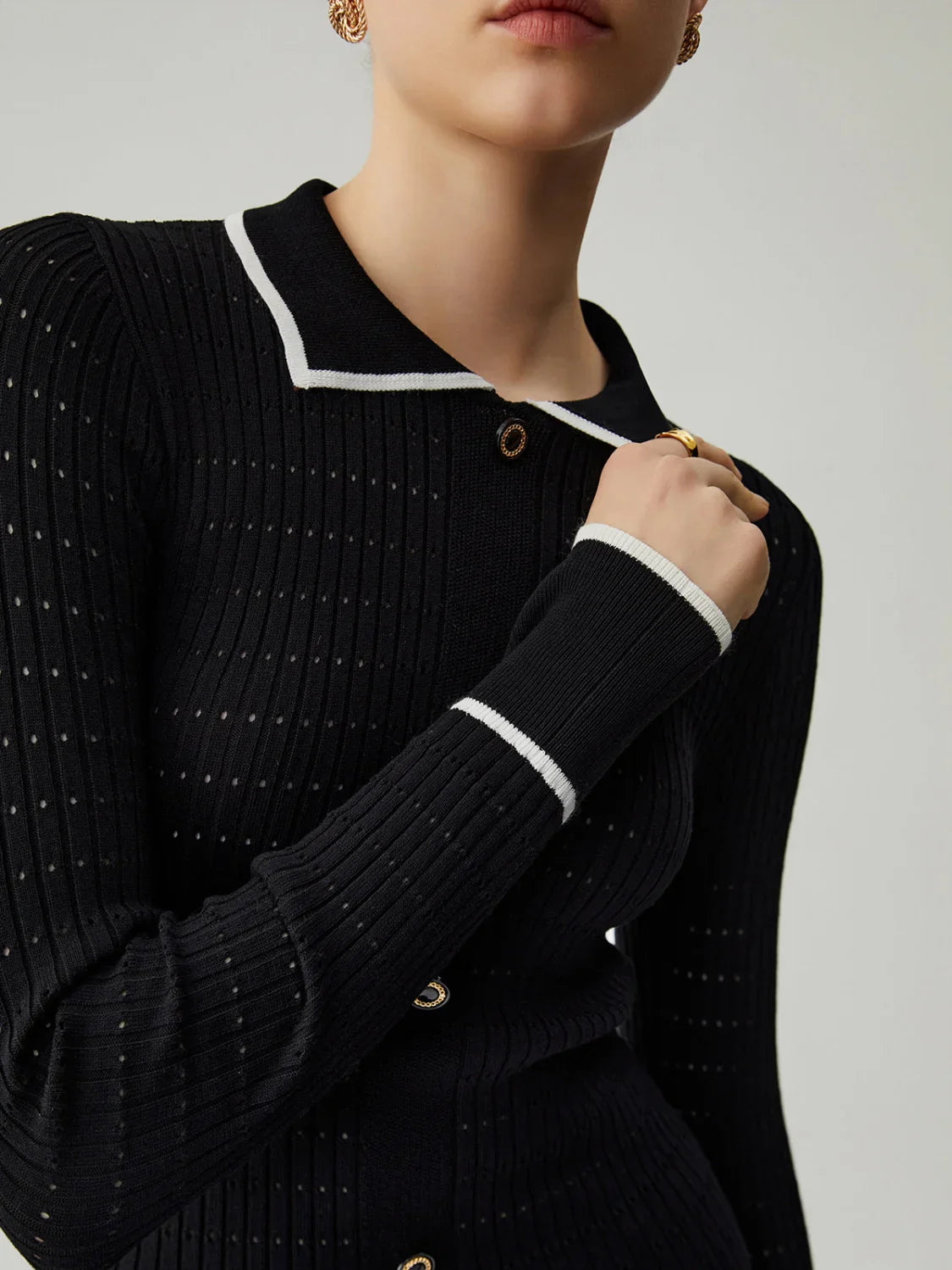 Knit Ruffled Hem Long Modern Sleeve Collar Mini Sweater Dress