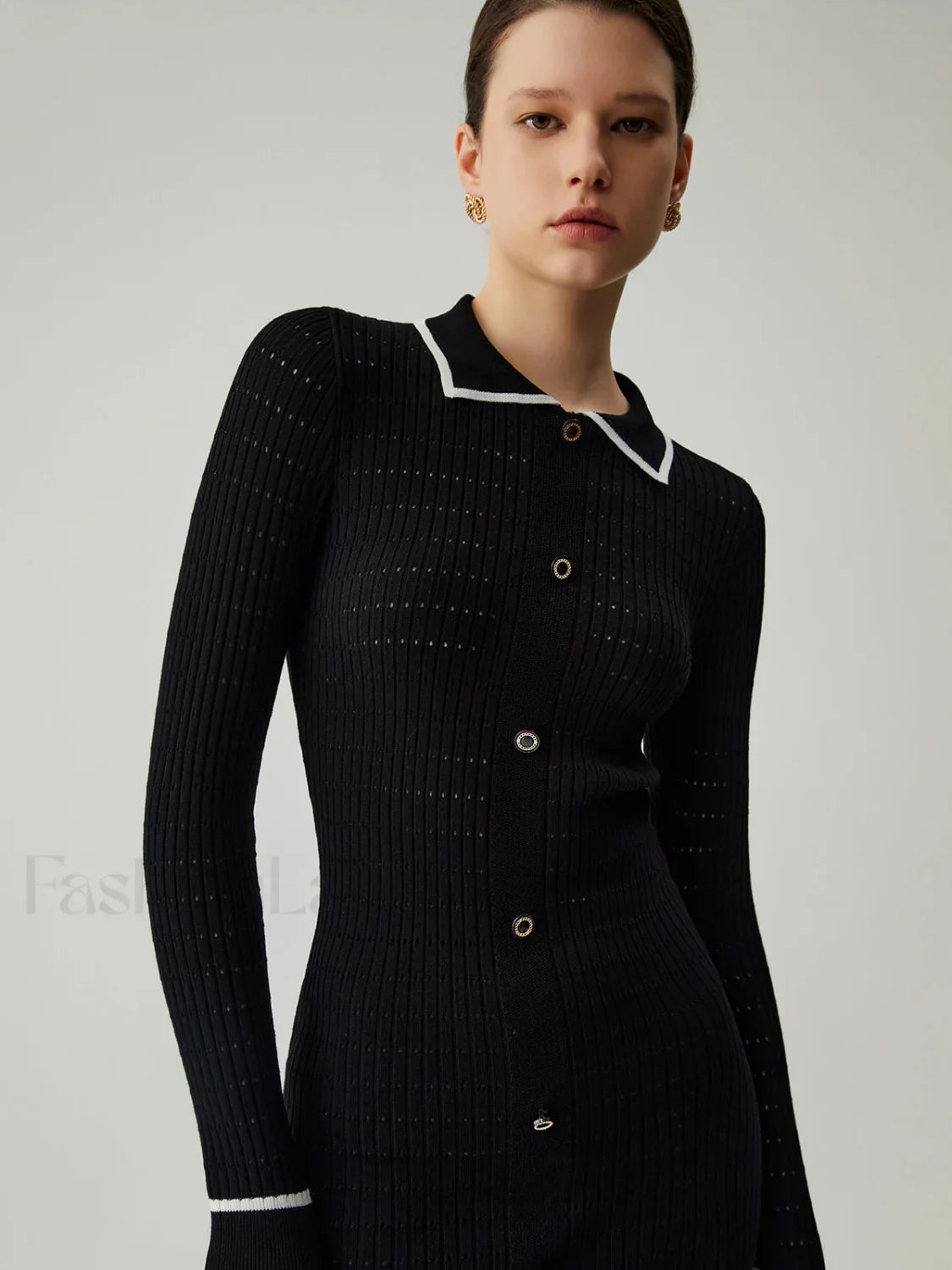 Knit Ruffled Hem Long Modern Sleeve Collar Mini Sweater Dress