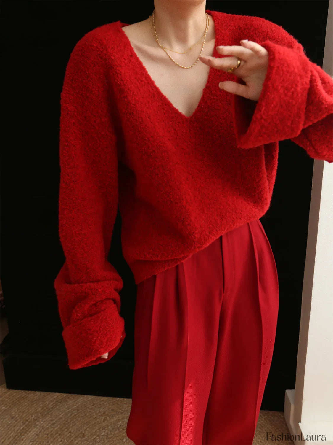 Knit Solid V-neck Trendy Long Sleeve Sweater