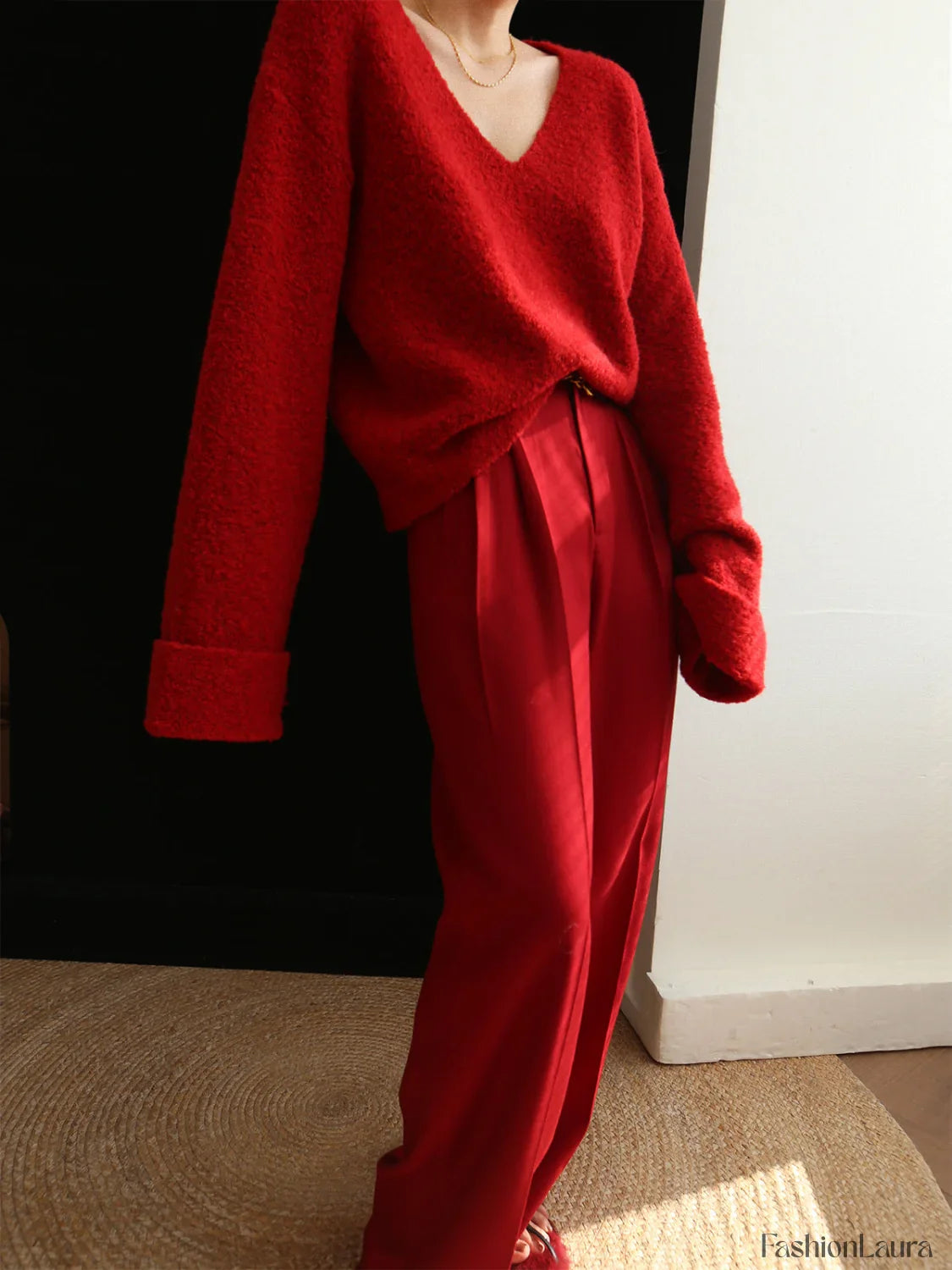 Knit Solid V-neck Trendy Long Sleeve Sweater