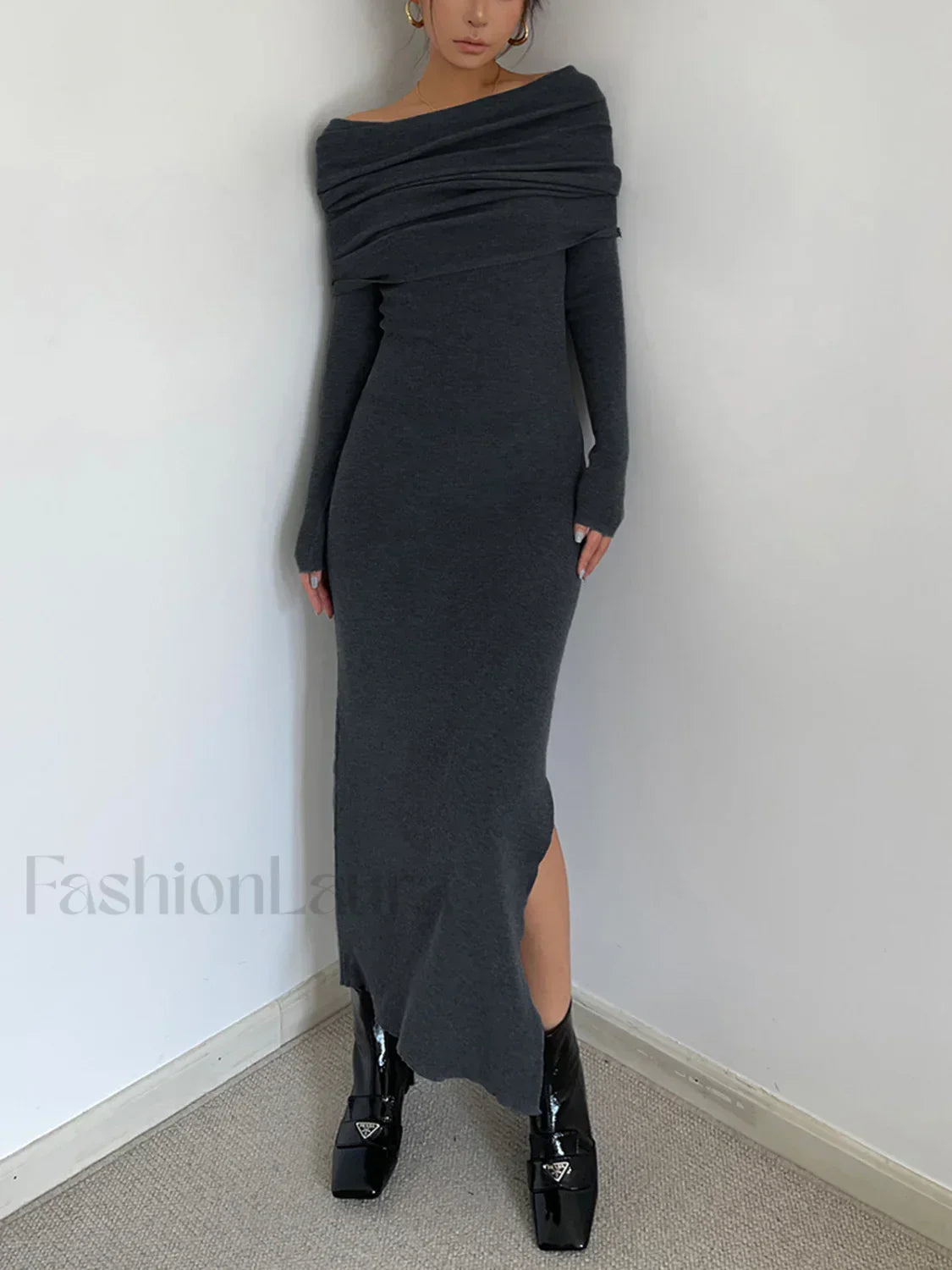 Knit Split Overfold Trendy Sweater Midi Dress Grey / S Sweaters L