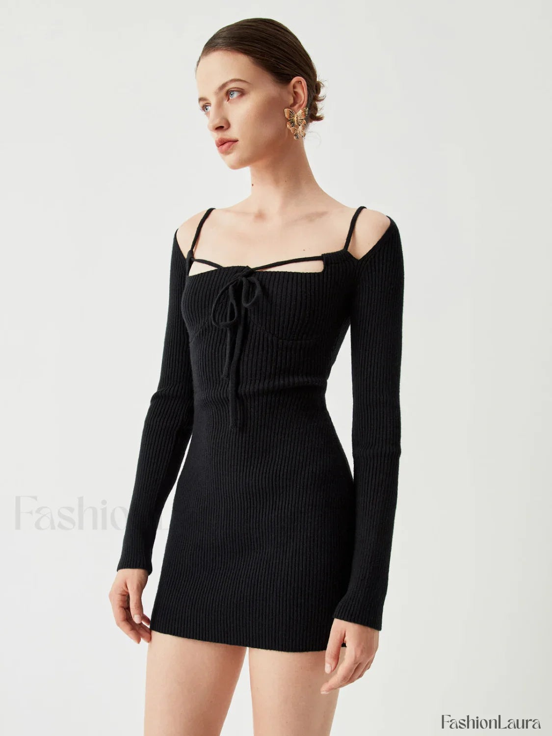 Knit Tied Cutout Long Modern Sleeve Short Sweater Dress