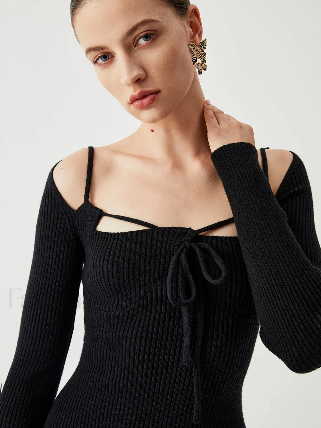 Knit Tied Cutout Long Modern Sleeve Short Sweater Dress