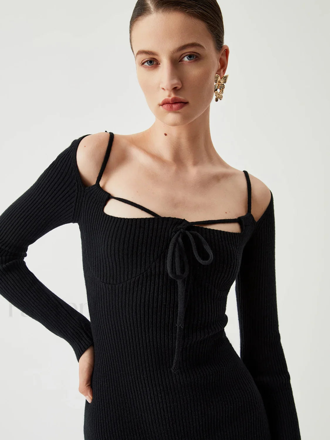 Knit Tied Cutout Long Modern Sleeve Short Sweater Dress