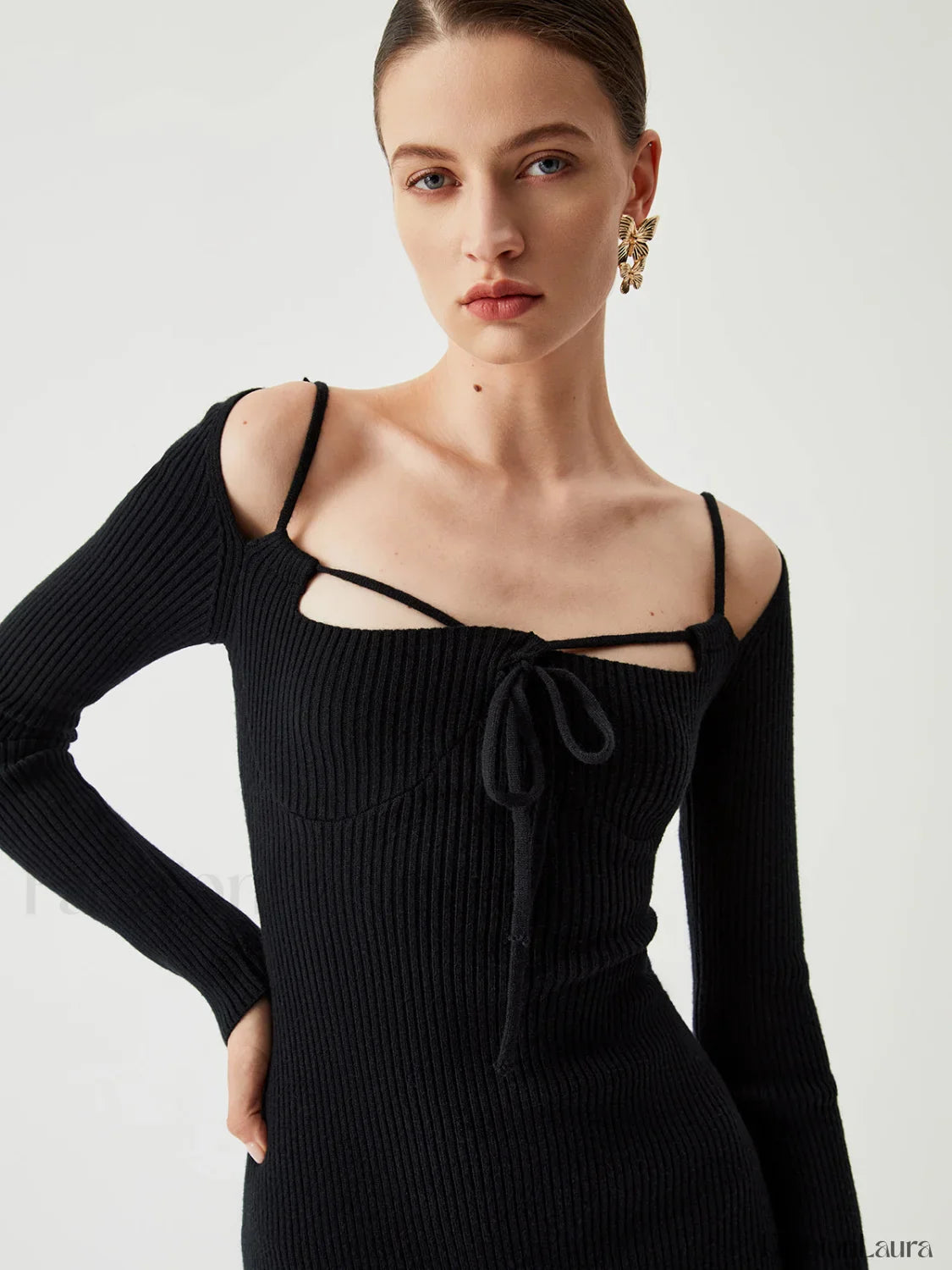 Knit Tied Cutout Long Modern Sleeve Short Sweater Dress