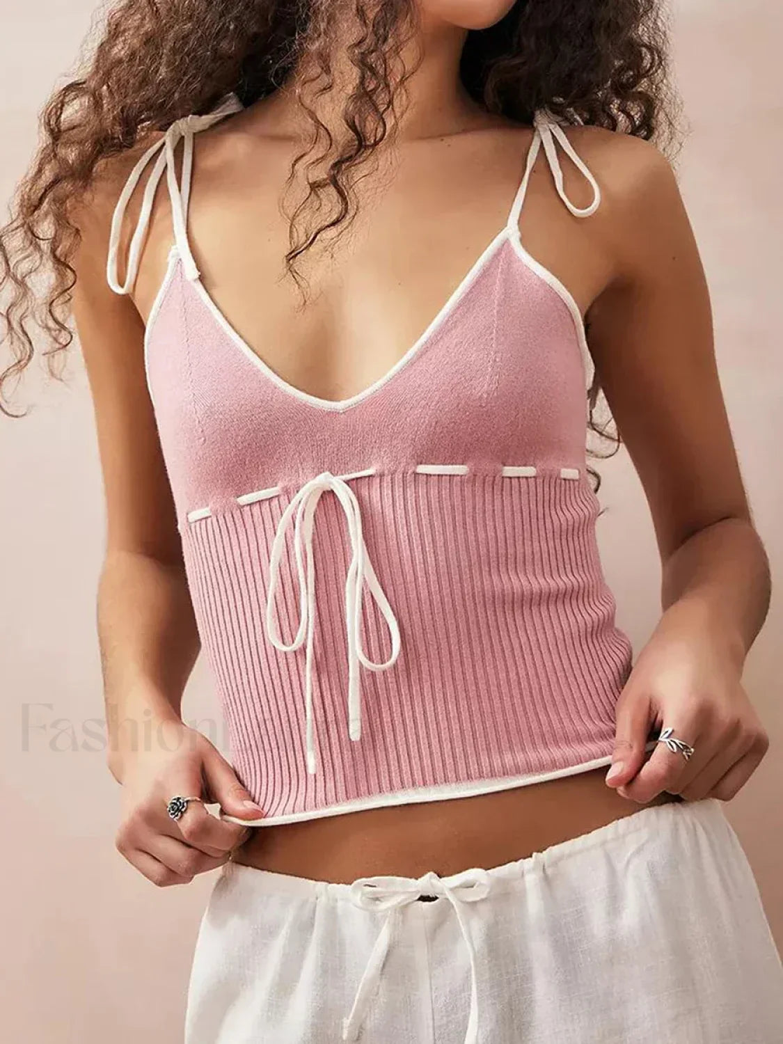 Knitted Contrast Tie-Up Crop Top