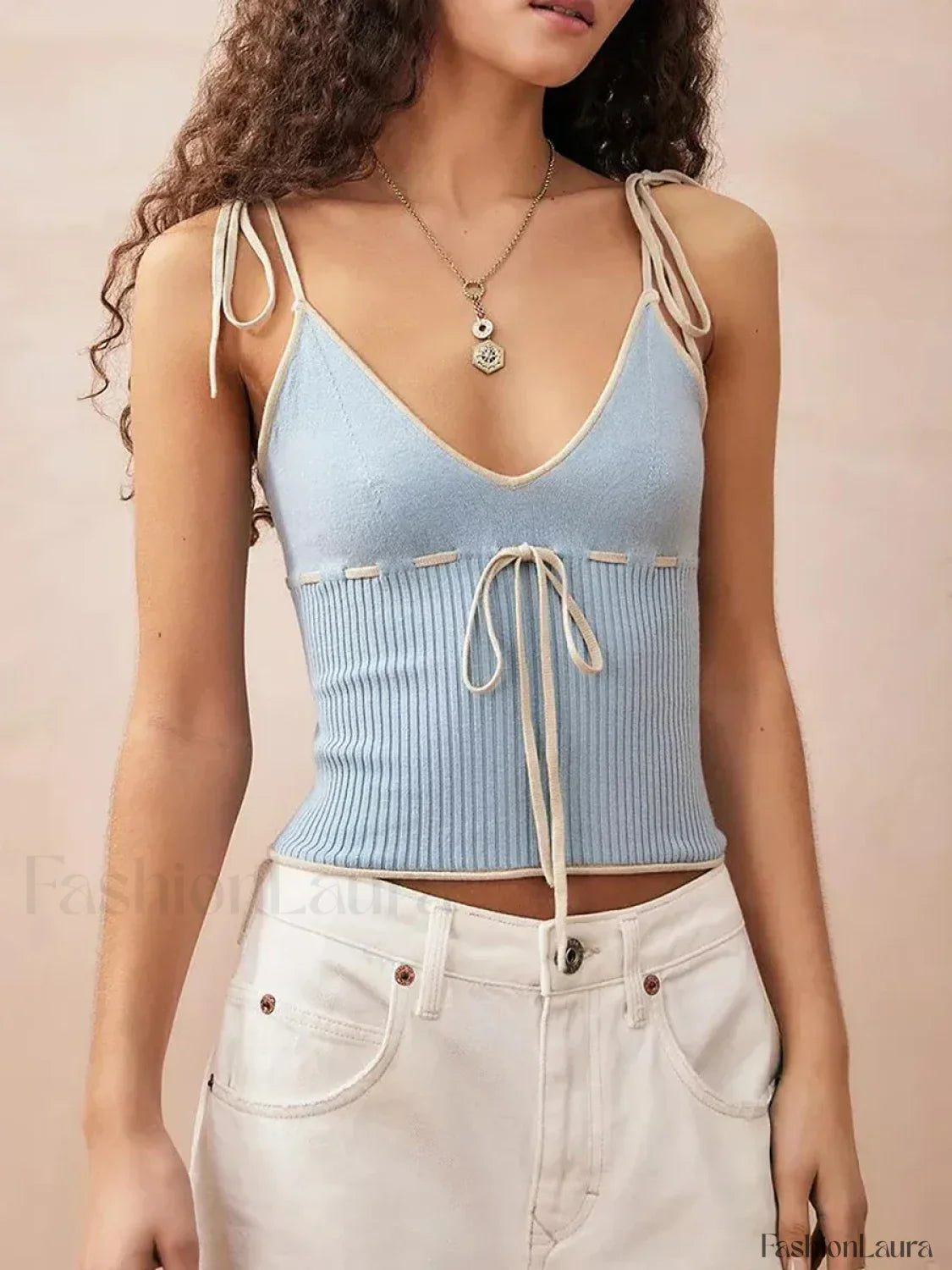 Knitted Contrast Tie-Up Crop Top