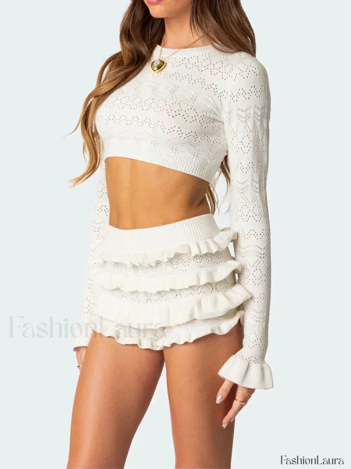 Knitted Crew Tiered Shorts Two Piece Set