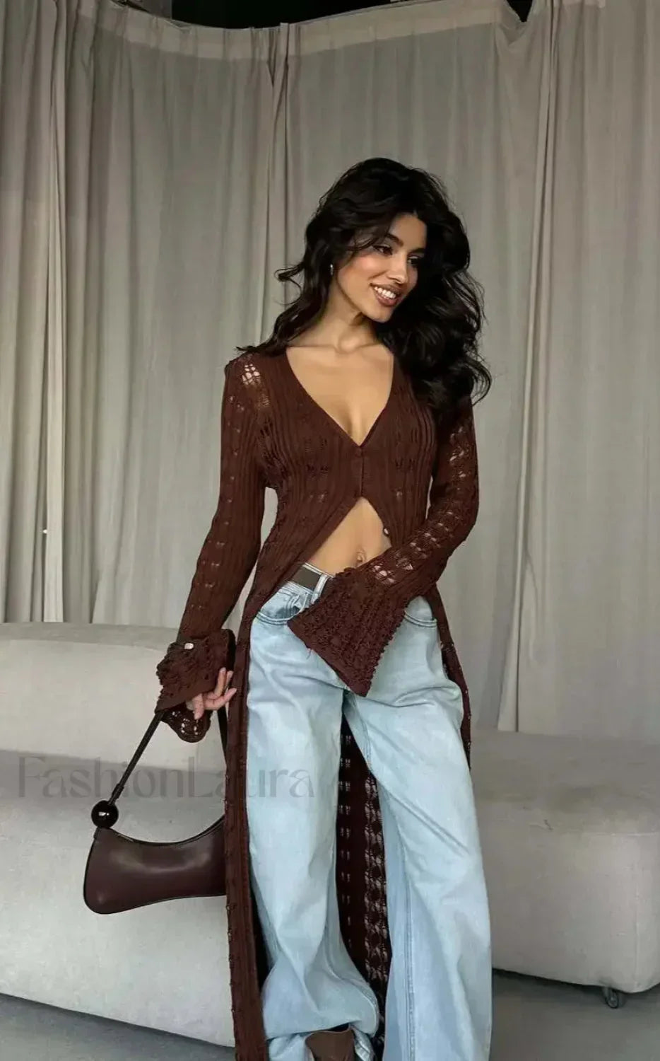 Knitted Flare Long Sleeve Beach Cardigan Brown / S