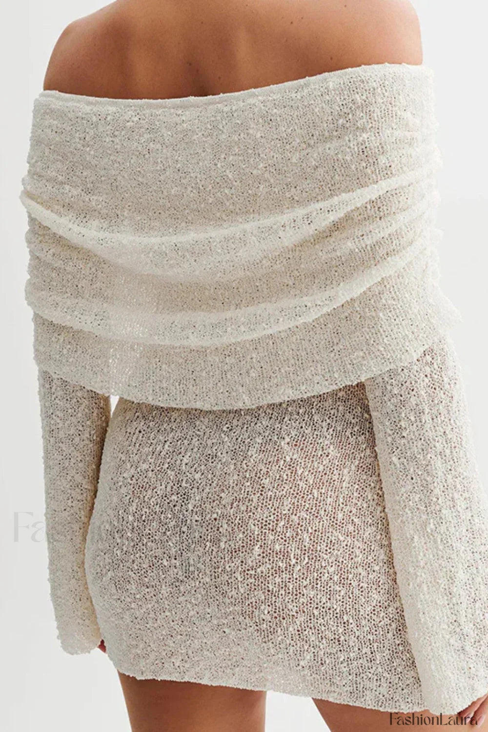 Knitted Hollow Off-Shoulder Long Sleeve Mini Dress