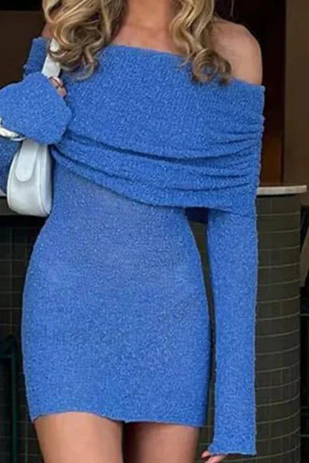 Knitted Hollow Off-Shoulder Long Sleeve Mini Dress