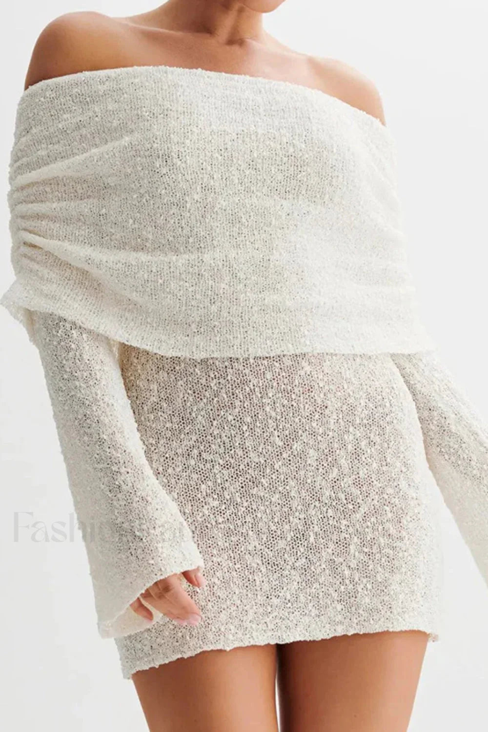 Knitted Hollow Off-Shoulder Long Sleeve Mini Dress