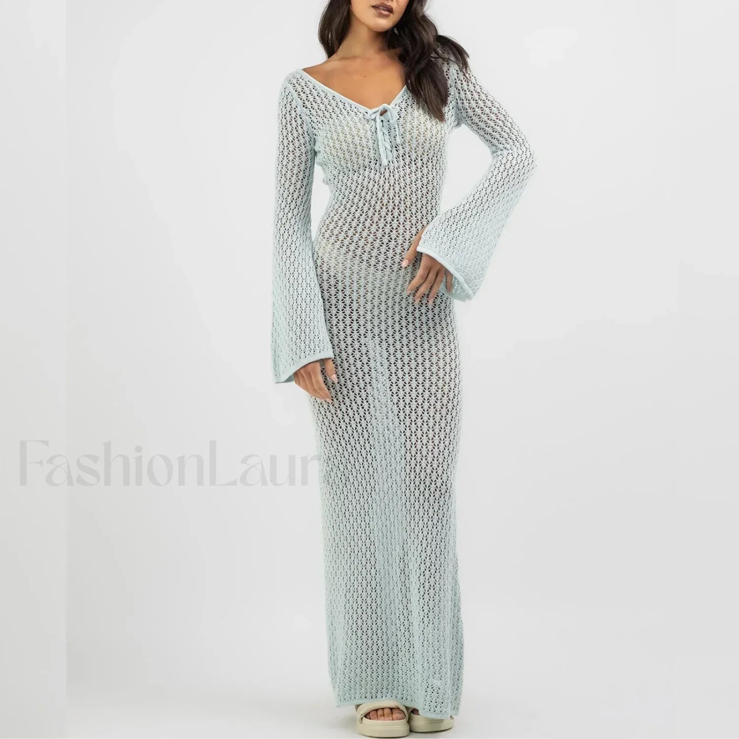 Knitted Long Sleeve V Neck Tie Up Cover Up