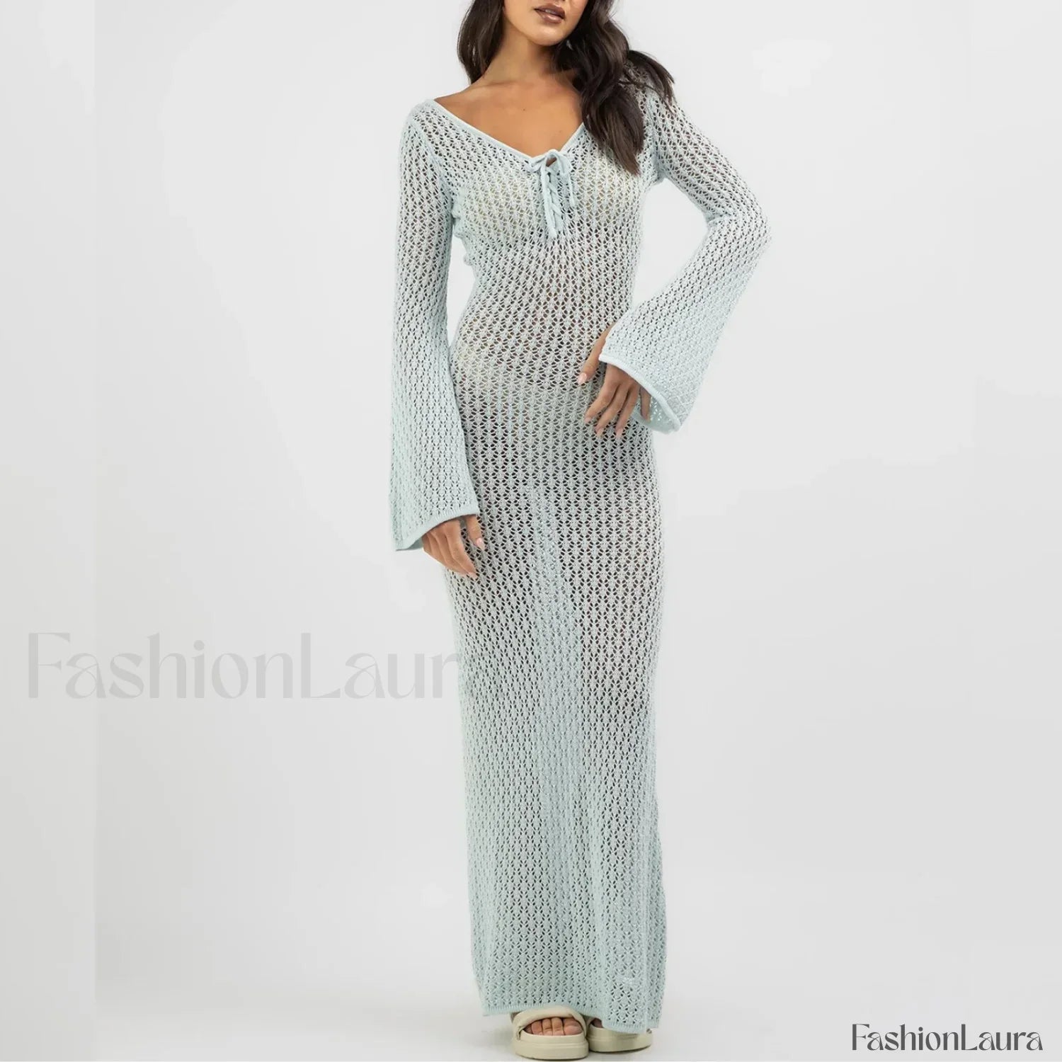 Knitted Long Sleeve V Neck Tie Up Cover Up