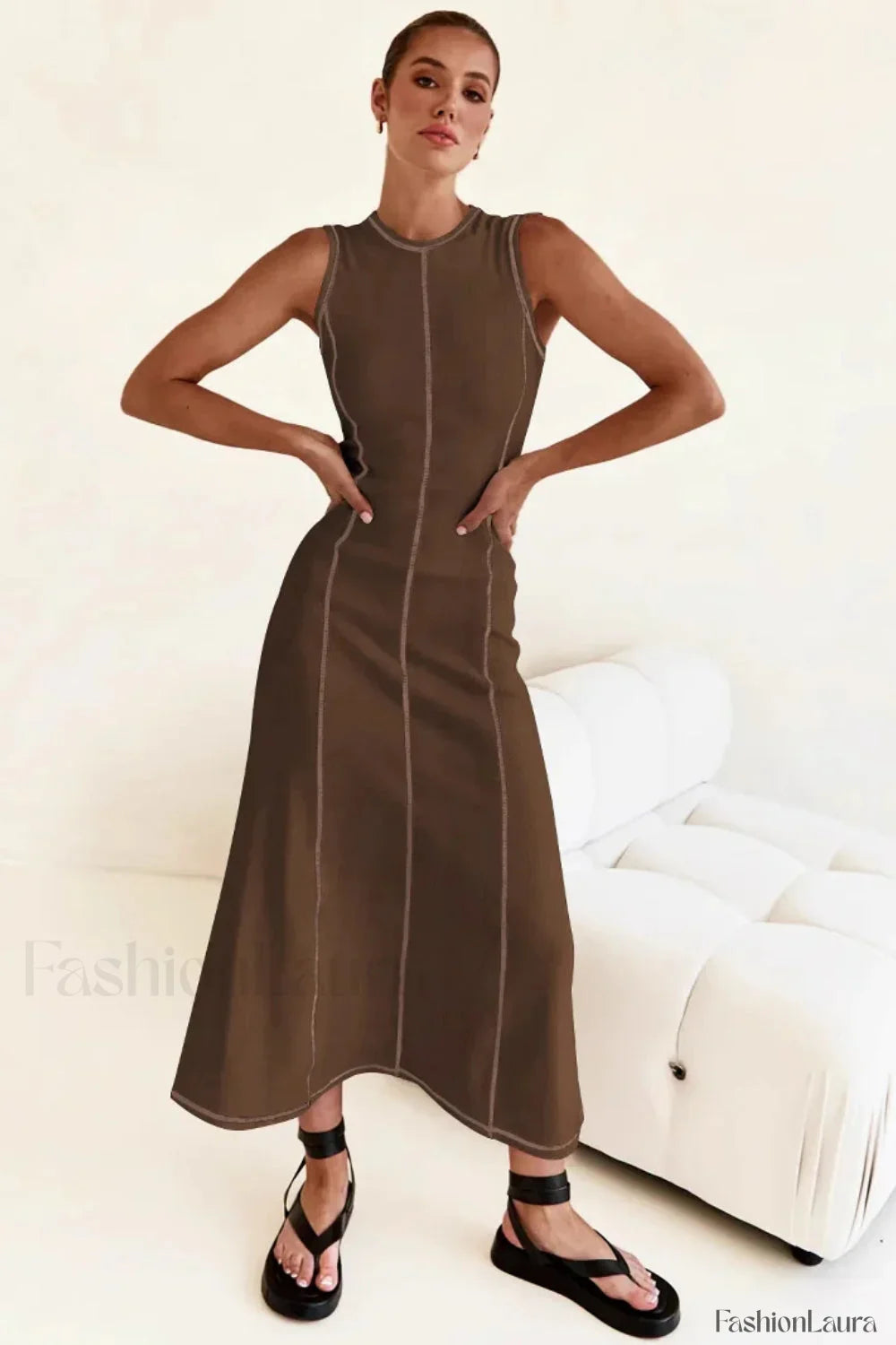 Knitted Sleeveless Round Neck A-Line Slip Dress